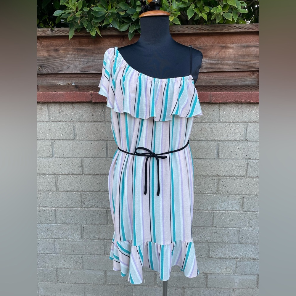 Striped One-Shoulder Dress with Ruffle